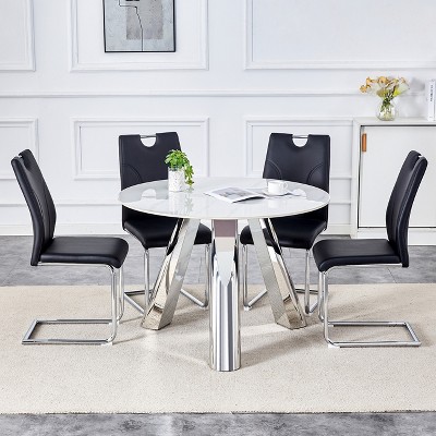 Maggift Dining Sets of 5, Table Chairs Set with White High-Gloss Tabletop and 4 Chairs for Dining Room or Kitchen, Black, 15"*16"*37.4"
