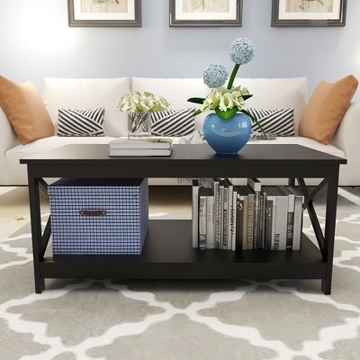 Modern Coffee Table With Bottom Open Shelf, Wooden Center Table With X Legs, Special Finish Surface End Table