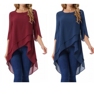 INSPIRE CHIC Women's High Low Hem Scoop Neck Asymmetrical 3/4 Sleeve Summer Top 2 Packs - 1 of 4