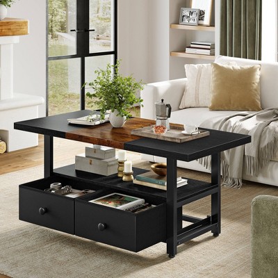 WOWLIVE Farmhouse Wood Coffee Table, Small Cocktail Table with 2 Drawers