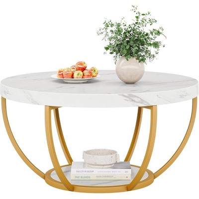 HTUTWOO 31.7" 2-Tier Round Coffee Table, Modern Wood Accent Center Table with Storage Open Shelves For Living Room, Home Office
