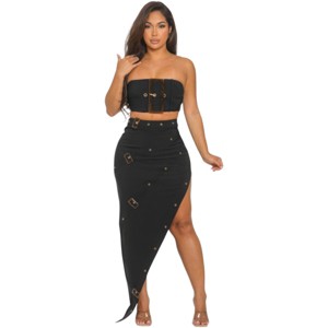 Slickblue Women's Front Eyelet Buckle Belt Crop Top & Maxi Skirt Set, Sleeveless, Taupe/Black, Size S-L - 1 of 4