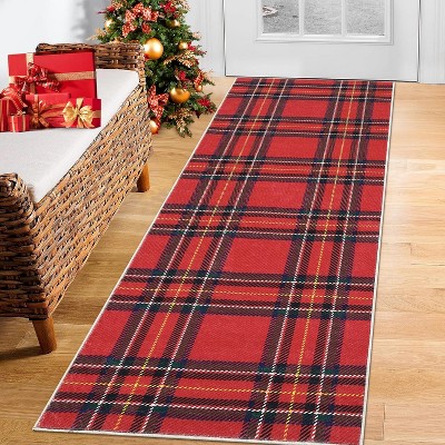 2x6 Christmas Runner Rug, Red Buffalo Plaid, Washable, Non-Slip, Soft Low-Pile Hallway/Kitchen/Living Room/Bedroom Entryway Carpet