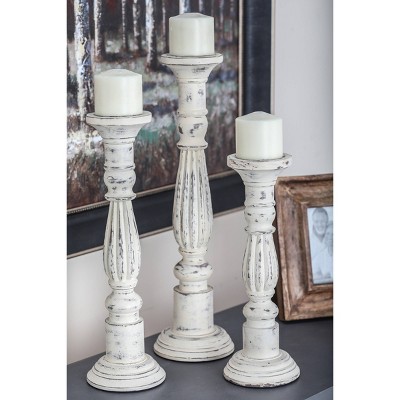 Distressed White Mango Wood Candle Holder Set, 21" 17" 15"