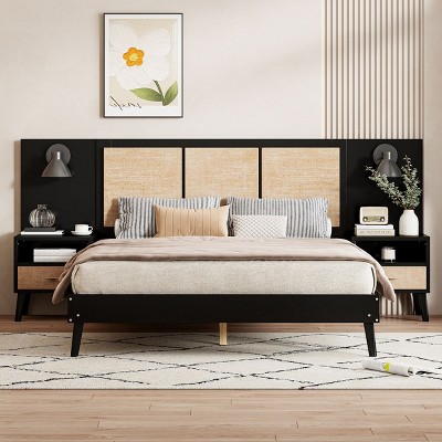 3-Piece Bedroom Set, Tufted Wingback Bed With 2 Nightstands, Nightstands With Drawers, Queen Size Solid Wood Bed Frame-Cuddlewood