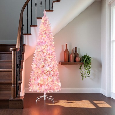 FURNIinspire Artificial Trees Auto Open Prelit Snow Flocked Tall Artificial Christmas Tree For Homr, Christmas Decorations, Pink, 31.5"*31.5"*88.5"