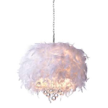 15" x 15" x 30" Iglesias Fluffy Feathers and Crystal 3 Light Pendant White - Warehouse of Tiffany