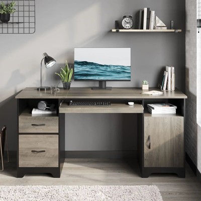 Gray Executive Desk with Storage Cabinet and Keyboard Tray