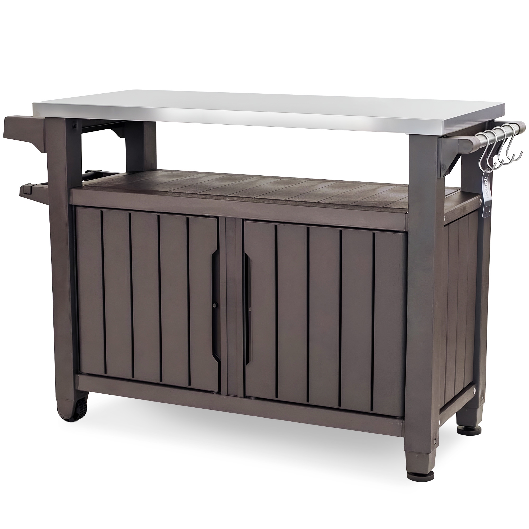 Keter XL Rolling Bar Cart Outdoor Patio Furniture, Serving Cart with Shelves and Bottle Opener, Ideal for Deck, and Backyard, Dark Brown