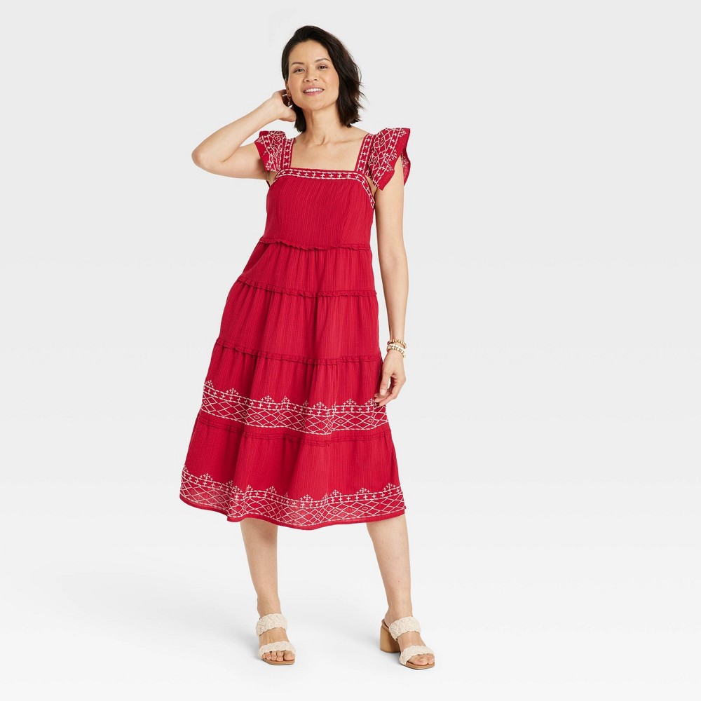 1940s Fashion Advice for Short Women Womens Ruffle Short Sleeve Embroidered Tiered A-Line Dress - Knox Rose Red XXL $26.60 AT vintagedancer.com