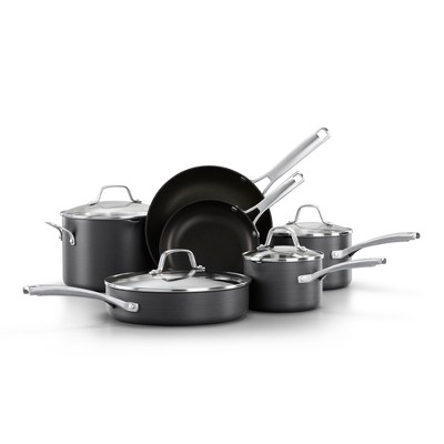 Photo 1 of Calphalon 10-Piece Nonstick Kitchen Cookware Set with 2 Frying Pans, Saucepan, Stockpot, Saute Pan, 4 Glass Lids, and Stay-Cool Handles, Gray