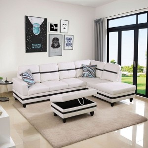 White and Black Semi-PU Leather Sectional Sofa - Modern L-Shaped Design, Tufted Cushions, Storage Ottoman, Chic Home D�cor - 1 of 4
