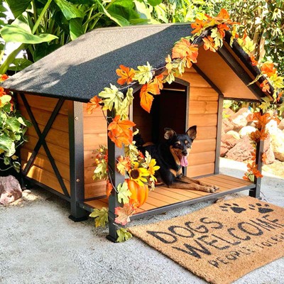 Large Brown Wooden Dog House with Metal Frame and Porch