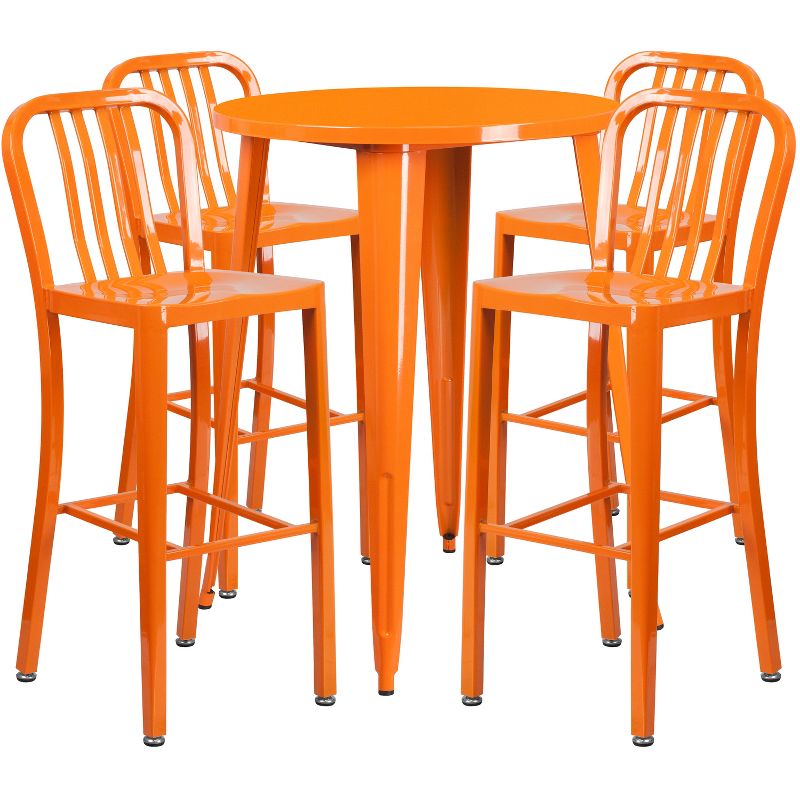 Emma and Oliver Commercial 30" Round Metal Indoor-Outdoor Bar Table Set & 4 Slat Back Stools, 1 of 5