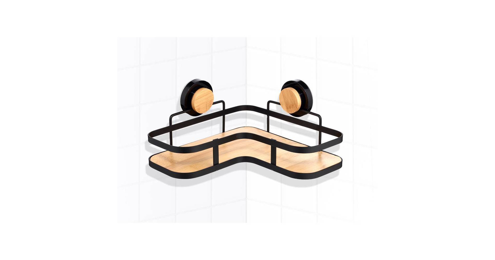 Popular Bath Popular Home Corner Basket with Suction Metal and Bamboo Black