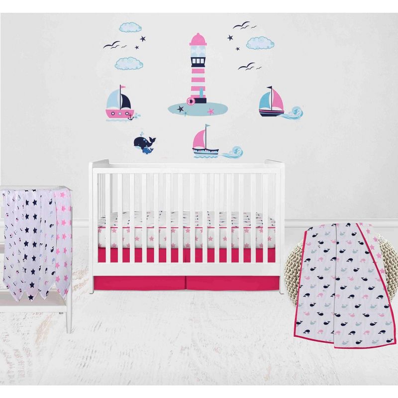 Bacati - Girls Nautical Muslin Whales Boat Pink Blue Navy 8 pc Crib Bedding Set with Long Rail Guard Cover, 2 of 8
