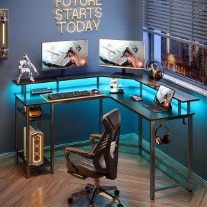 Greenstell L Shaped Desk - Black Reversible Computer Desk with LED Lights, Power Outlets, Monitor Stand & Storage - 1 of 4