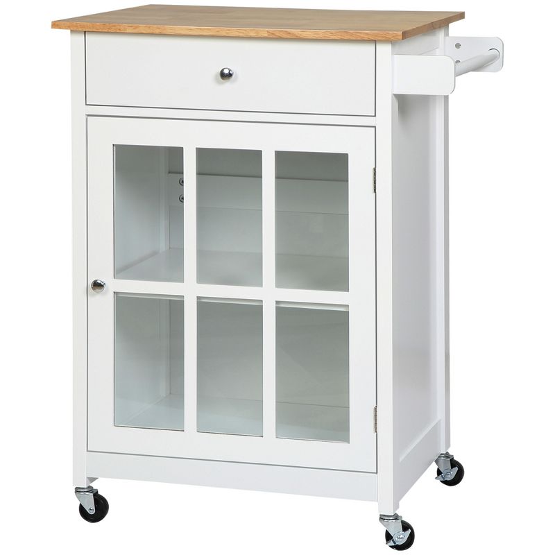 HOMCOM 27" Rolling Kitchen Island Cart with Drawer and Glass Door Cabinet, Kitchen Trolley with Adjustable Shelf and Towel Rack, White, 1 of 7