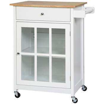 HOMCOM 27" Rolling Kitchen Island Cart with Drawer and Glass Door Cabinet, Kitchen Trolley with Adjustable Shelf and Towel Rack, White