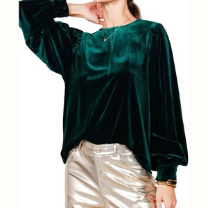 Women's Emerald Balloon Sleeve Round Neck Velvet Blouse - Vine & Love - 1 of 4