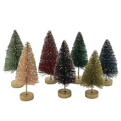 Christmas 4.25" Jewel-Tone Mini Bottle Brush Trees Glittered Gold  -  Decorative Figurines