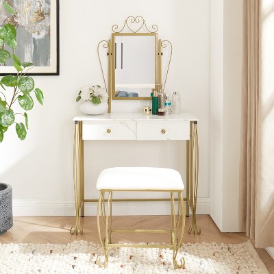 Vanity Mirror Table Set, Makeup Desk Vanity with Stool, Vintage Bedroom Vanity Lots Storage Dressing Table