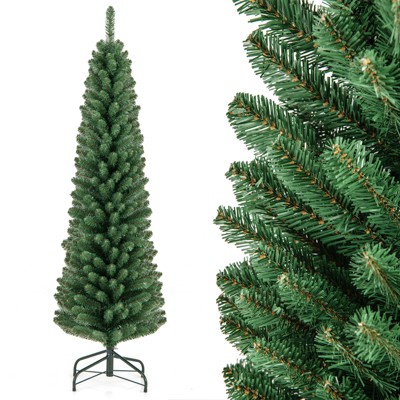 Tangkula 5/6/7/8 FT Artificial Christmas Tree Pencil Xmas Tree with Memory Wire Branch Tips & Upgraded Metal Stand