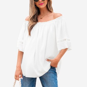 Amaryllis Women’s Off Shoulder Peasant Blouse Loose Fit Boho Chic Lace Trim Flowing Lightweight Casual Top with 3/4 Sleeves - 1 of 4