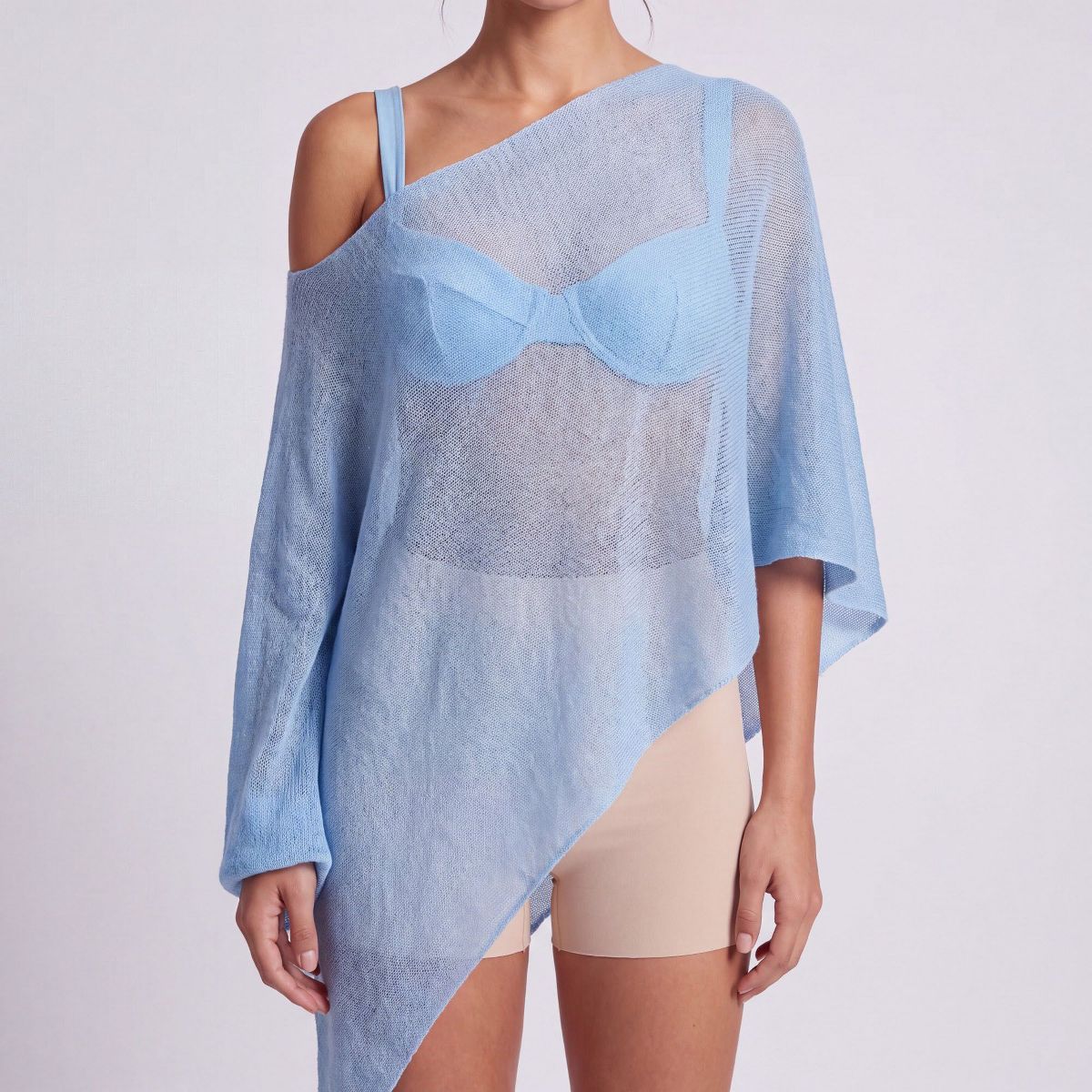Anna-Kaci Women's Sheer Open Knit Asymmetrical Poncho Top with One Shoulder Neckline, Draped Sleeve and Pointed Hem