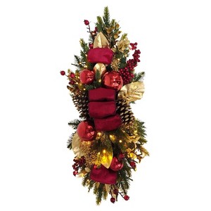 Puleo 28" Pre-Lit Battery-Operated Red Ribbon Banister Swag - 1 of 4