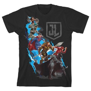 Justice League Movie Group Character Art Black T-shirt Toddler Boy to Youth Boy - 1 of 3