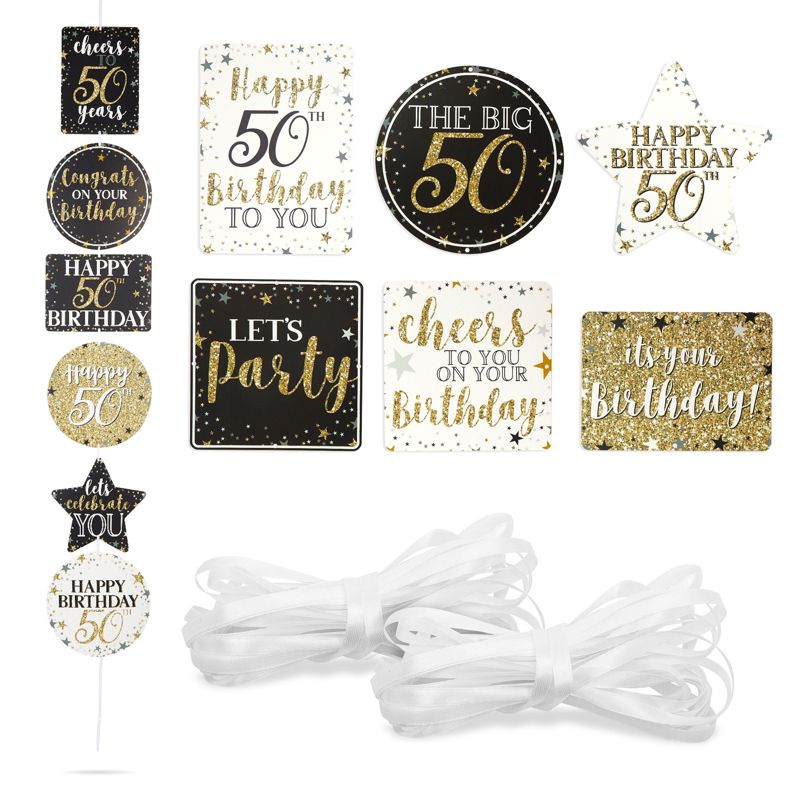 Sparkle and Bash 12 Pack Glitter Black and Gold Party Signs for 50th Birthday Decorations for Men and Women, 1 of 9