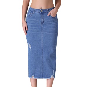 INSPIRE CHIC Women's Ripped Raw Hem High Waisted Stretch Midi Denim Skirt - 1 of 4