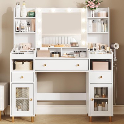 Makeup Vanity Desk with Mirror, Lights, and Charging Station, White