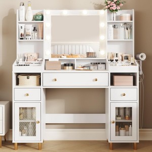 Makeup Vanity Desk with Mirror, Lights, and Charging Station, White - 1 of 4