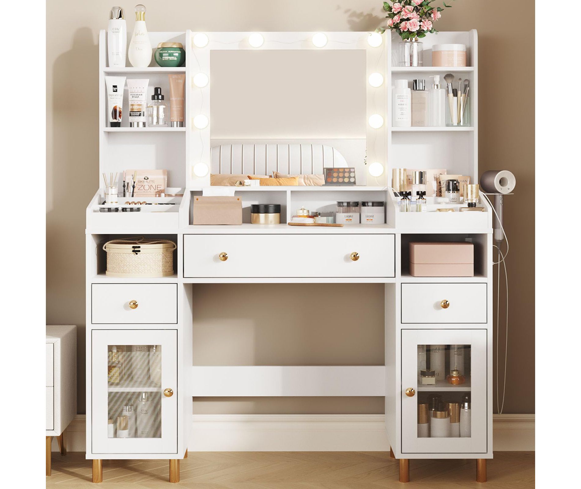 Makeup Vanity Desk with Mirror, Lights, and Charging Station, White