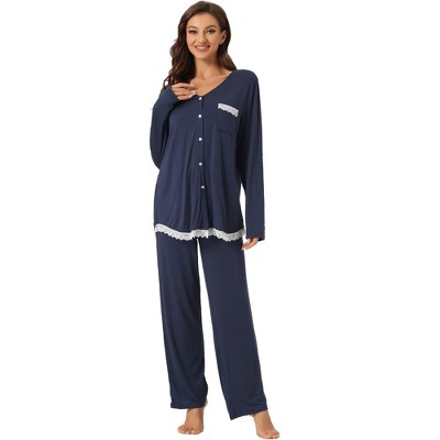 cheibear Women's Modal Casual Button Down Lounge Tops with Pants Stretchy Soft Pajama Sets