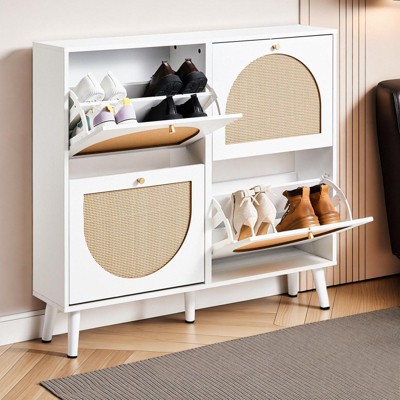 KTMBDW Natural Rattan 4 Flip Door Shoe Cabinet Organizer Freestanding, Modern Shoe Rack Storage Organizer for Entryway, Closet, Hallway