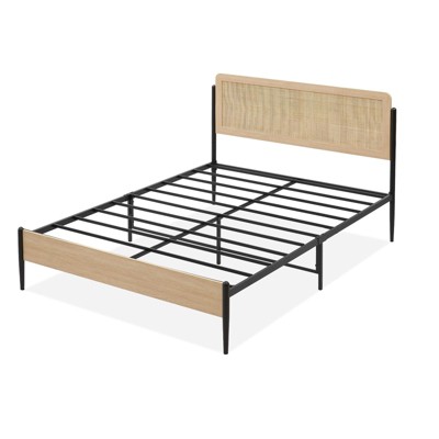 Bed Frame, Metal Bed Frame with Rattan Headboard, Strong Bearing Capacity with Under Bed Storage