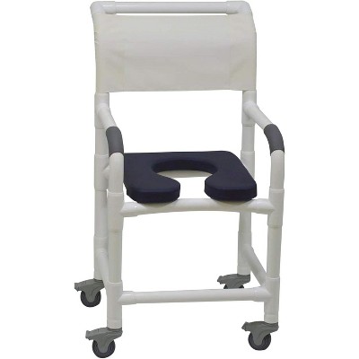 MJM International Corporation Shower chair 18 in internal width 3 in total locking casters BLUE front seat WHITE designer backrest sling 300 lbs wt