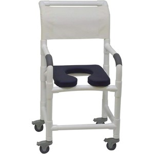MJM International Corporation Shower chair 18 in internal width 3 in total locking casters BLUE front seat WHITE designer backrest sling 300 lbs wt - 1 of 1