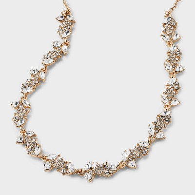 Multi-Stone Cluster Statement Necklace - Gold: Zinc Alloy, Lobster Claw Clasp, 6.25" Length