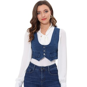 Allegra K Women's Denim Button Up Sleeveless Crop Jean Vest Waistcoat - 1 of 4