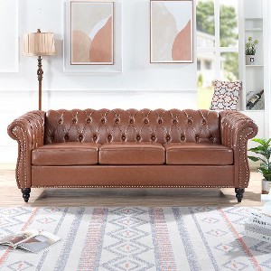 CAVINAS Chesterfield Sofa with Rolled Arm, Modern PU Leather 3 Seater Sofa Couch, Upholstered Vintage Couch for Living Room - 1 of 4