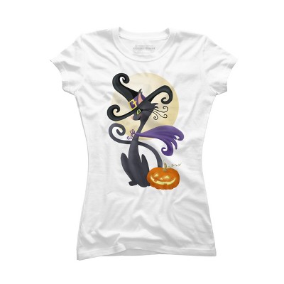 Junior's Design By Humans Bewitching Black Halloween Kitty Cat By LittleBunnySunshine T-Shirt