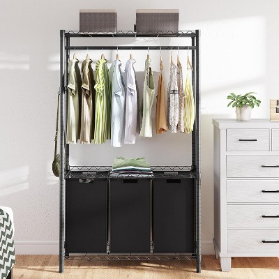 Acekool 3-Section Laundry Sorter with Adjustable Hanging Rack, Heavy Duty Garment Rack & Shelves, Black Laundry Basket Organizer