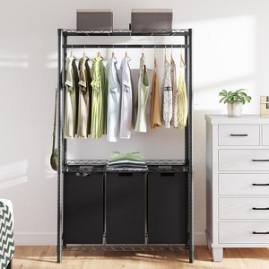 Acekool 3-Section Laundry Sorter with Adjustable Hanging Rack, Heavy Duty Garment Rack & Shelves, Black Laundry Basket Organizer - 1 of 4
