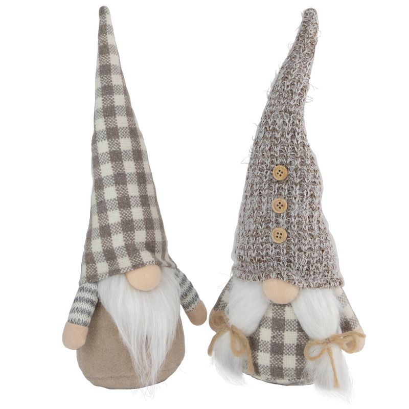 Northlight Set of 2 Beige and White Gingham Nordic Christmas Gnomes, 13", 1 of 7