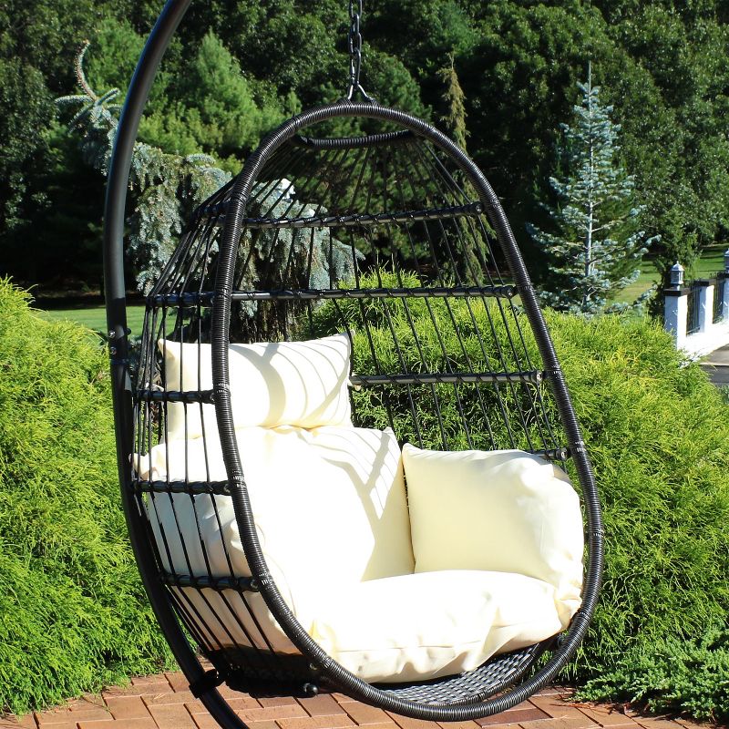 Sunnydaze Outdoor Resin Wicker Patio Penelope Hanging Basket Egg Chair Swing with Cushions and Headrest - 2pc, 2 of 11