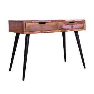 43" 2 Drawer Reclaimed Wood Console Table with Angled Legs and Pastel Accent Brown/Black - The Urban Port: Handcrafted, Cut Out Handles - 1 of 4